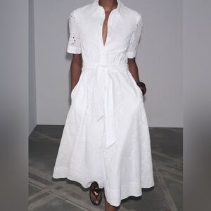 Zara Eyelet Embroidered White Midi Shirt Dress Belted Bridal Vacation NWT Small
